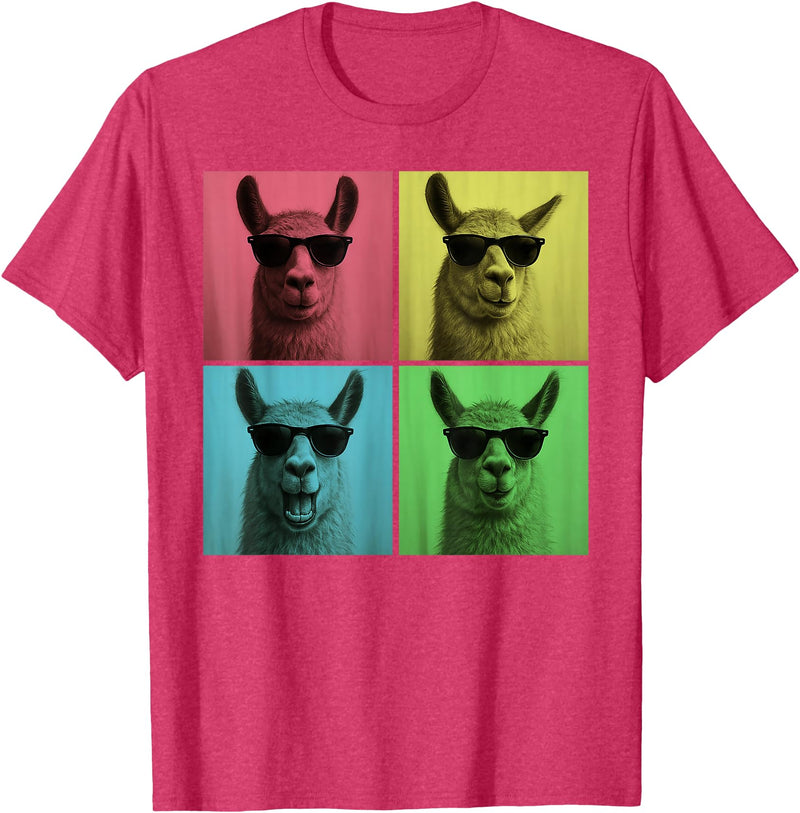 Retro Cute Llama Portrait with Sunglasses Llama Funny Pop Art Llama Lover Photo Booth T-Shirt - Red Heather