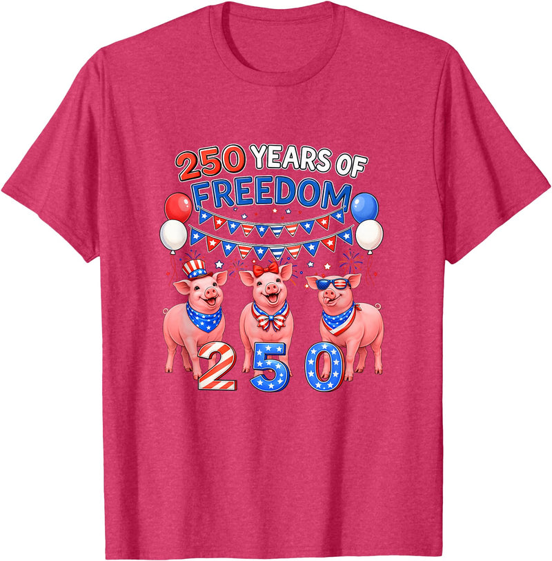 Farmer 4th Of July Costume 250th Freedom 4th of July US Flag Fireworks Three Cute Pigs T-Shirt - Red Heather