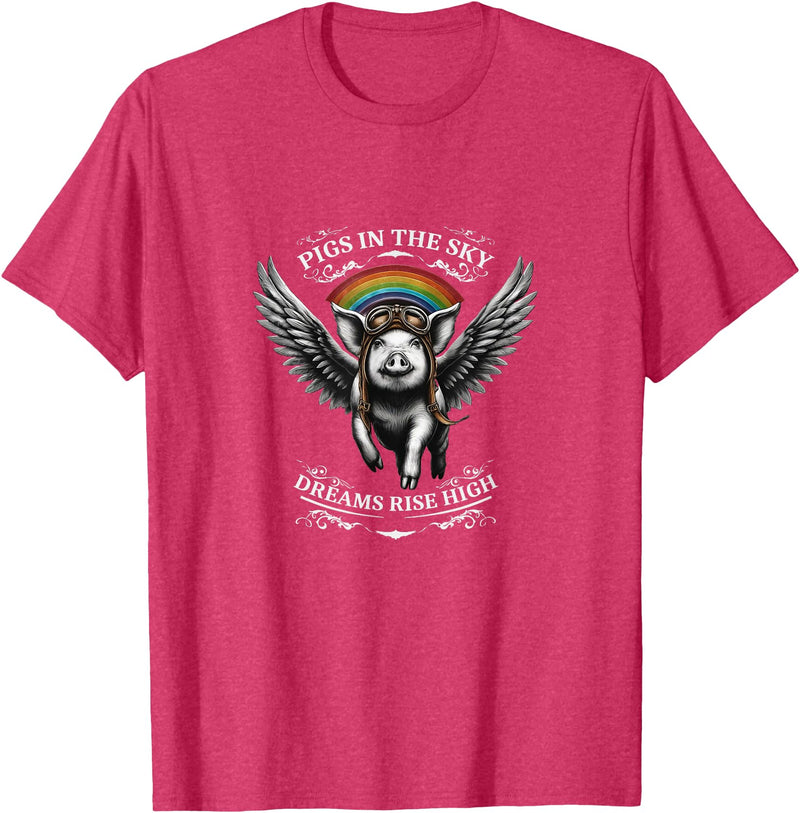 Schwein im Himmel – Träume steigen hoch Flying Pig with Wings in the Sky T-Shirt - Red Heather