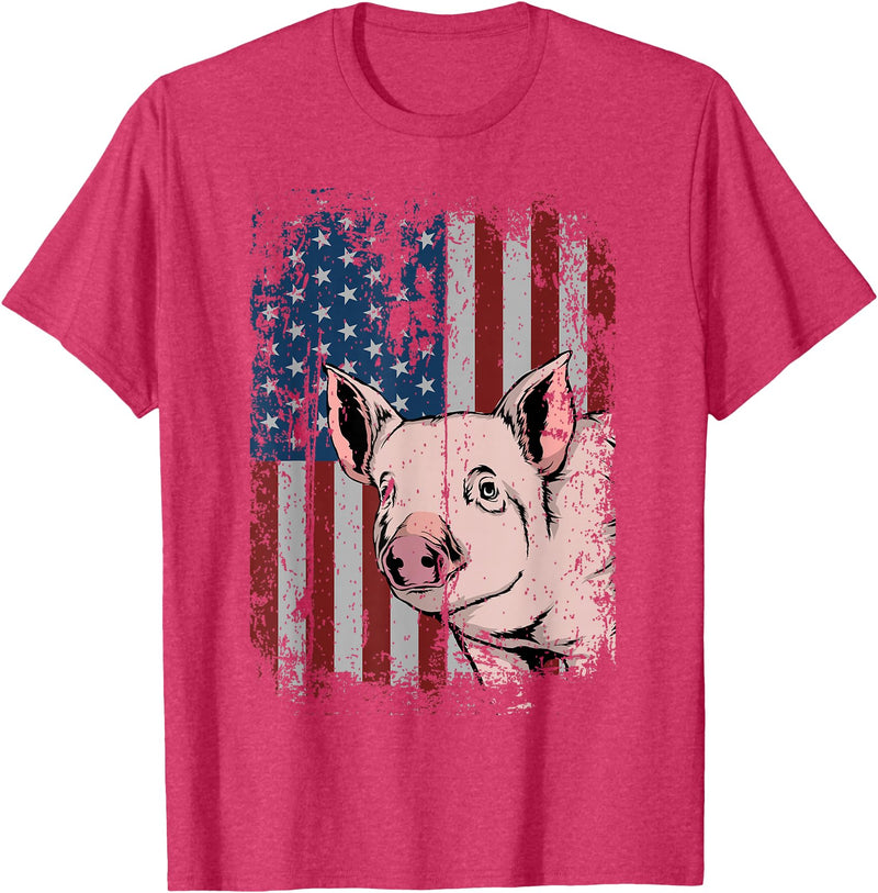 Proud USA Pig Farmer Apparel Gift Idea Pig American USA Flag Patriotic Pig Farm Gift T-Shirt - Red Heather