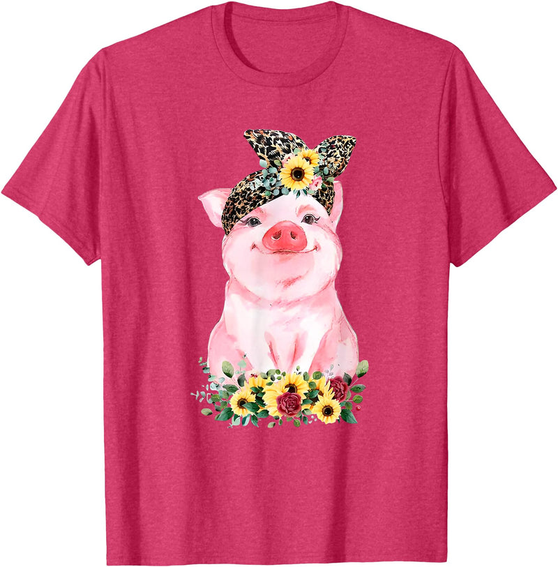 Pig Leopard Headband Flower Tees Pig With Leopard Headband Flower Cute Pig Lover T-Shirt - Red Heather
