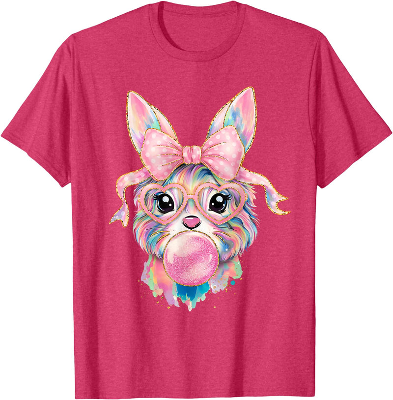 Funny Bunny Face Glasses Rabbit Coquette Bow Easter Trendy T-Shirt in Red Heather