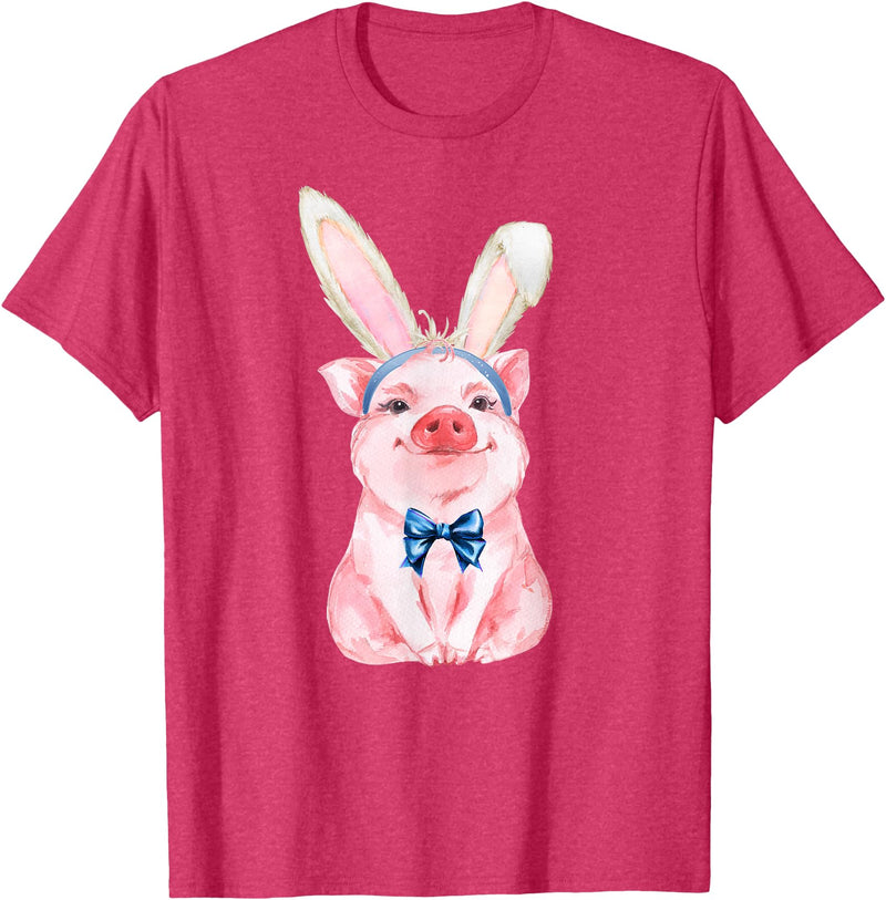Dibble Dabble Easter Designs Adorable Easter Pig with Easter Bunny Ears - Easter Pig T-Shirt - Red Heather