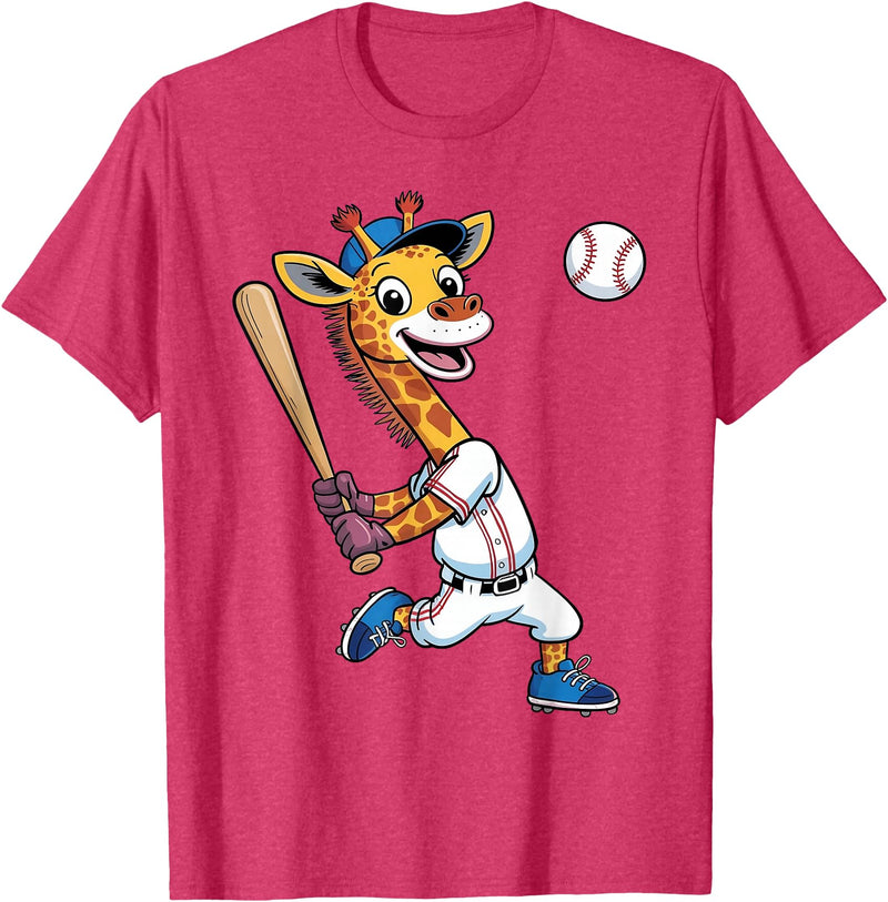 Giraffe Baseball Lover Giraffe Playing Baseball Boys Girls Kids Giraffe Animal T-Shirt - Red Heather