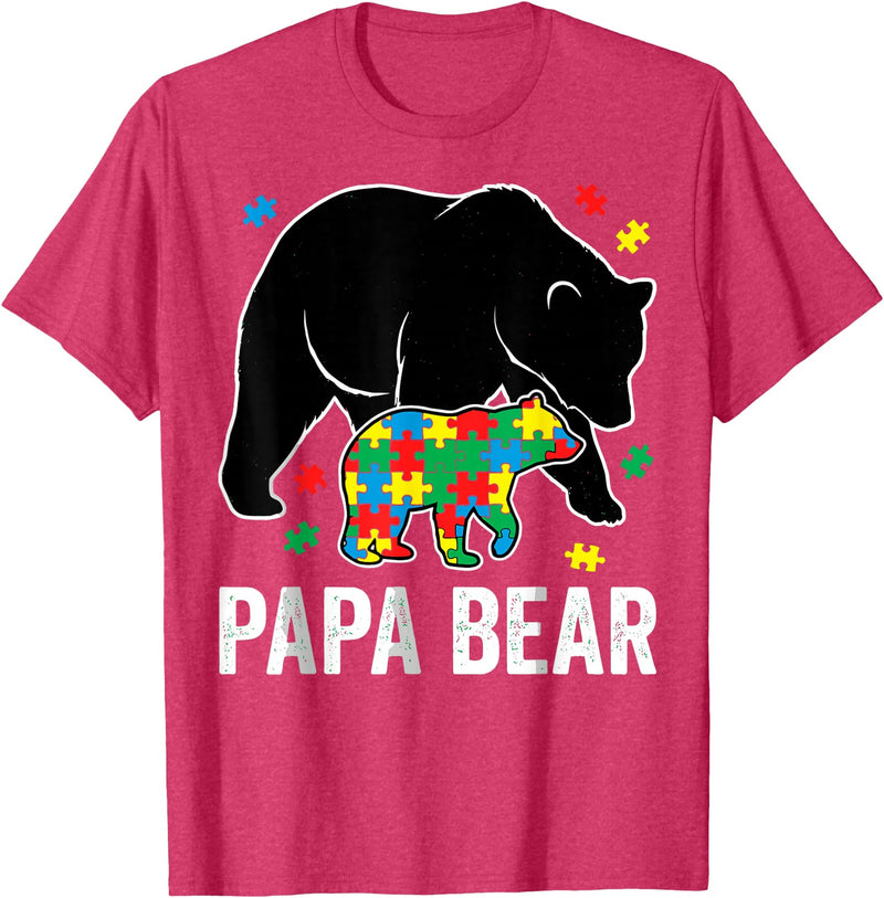 Autism Awareness Neurodiversity Support Apparel Papa Bear Autism Awareness Puzzle Neurodiversity Support T-Shirt - Red Heather