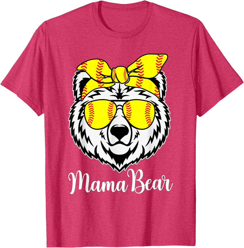 Mama Bear Face Apparel Softball Mama Bear With Sunglasses Bandana Momma Mothers Dy T-Shirt - Red Heather