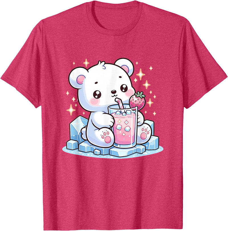 Cute Japanese Kawaii Animals Drinking Milk Co. Cute Kawaii Style Polar Bear Drinking Strawberry Milk T-Shirt - Red Heather