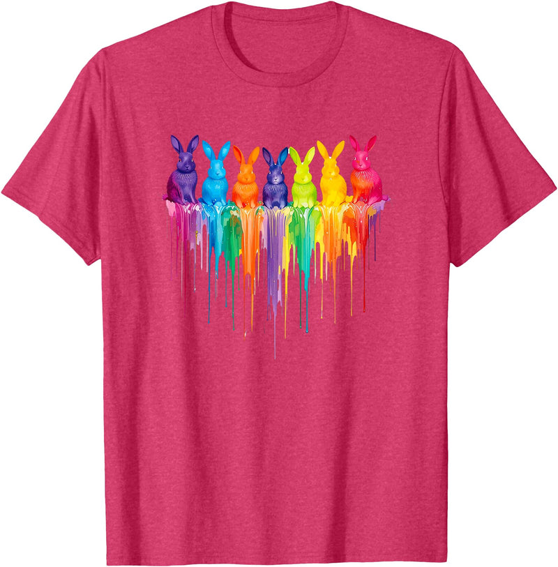 Vibrant Rainbow Bunnies Dripping Colors Easter T-Shirt in Red Heather