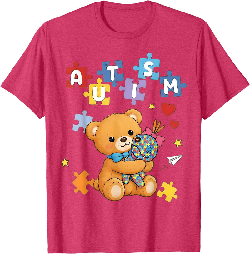 Cute Autism Awareness Puzzle Cute Autism Awareness Bear Colorful Puzzle T-Shirt - Red Heather