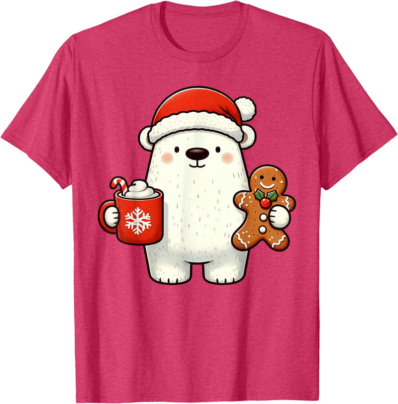 Cute Polar Bear Beanie Christmas Kawaii Japanese Polar Bear Santa Hat Christmas Holiday Xmas Coffee Cookies T-Shirt - Red Heather