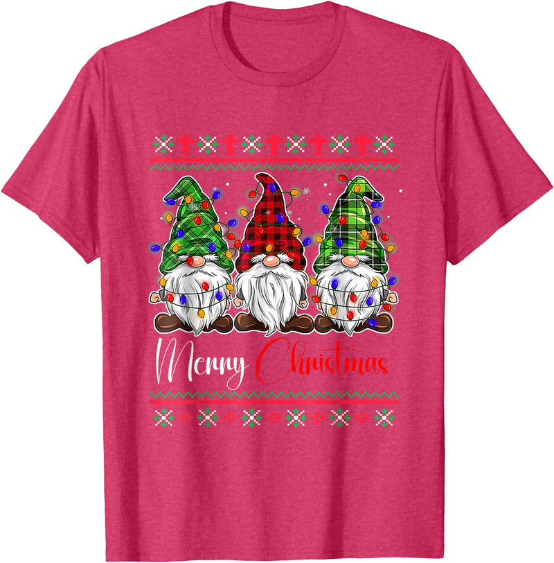 Xmas Lights Gnomes Holiday Graphics Merry Christmas Leopard Buffalo Red Plaid for Men Women T-Shirt - Red Heather