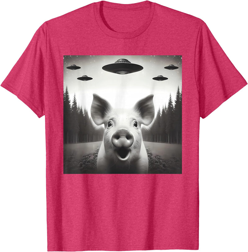 Funny Pig Selfie With UFOs Funny Pig Selfie UFO Alien Humor Vintage Print Art Design T-Shirt - Red Heather