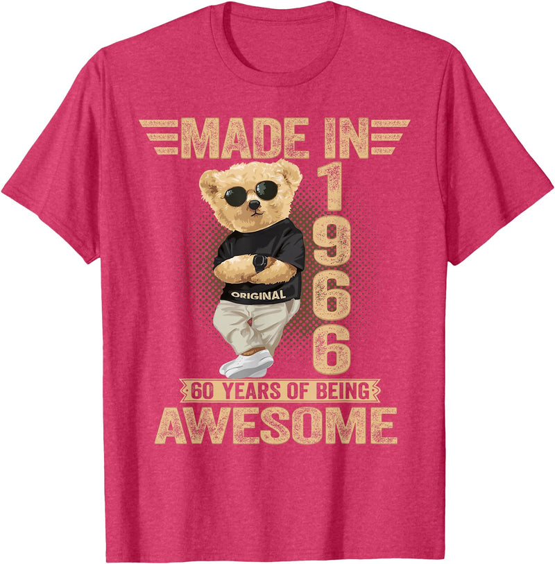 Vintage 60th Birthday 2026 Gifts Men Women 1966 60 Year Old Made in 1966 Teddy Bear 60th Birthday Men Women T-Shirt - Red Heather