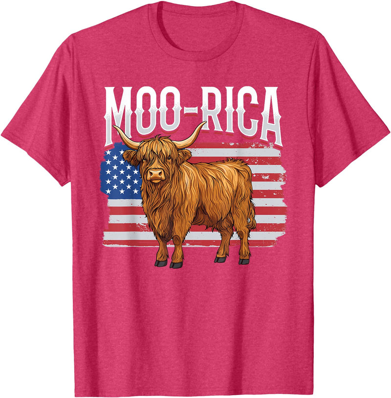 Funny Scottish Highland Cow 4th of July Scottish Highland Cow 4th of July Independence Day Moo-rica T-Shirt - Red Heather