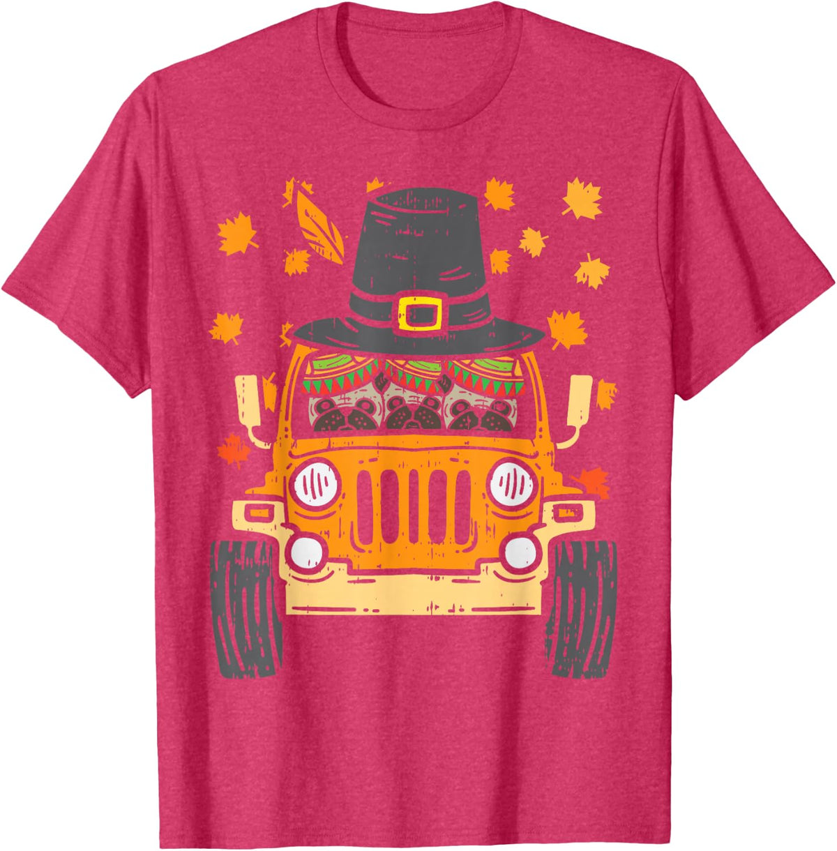 Pilgrim Monster Truck Pugs Thanksgiving Fall Autumn Gift T-Shirt - Red Heather