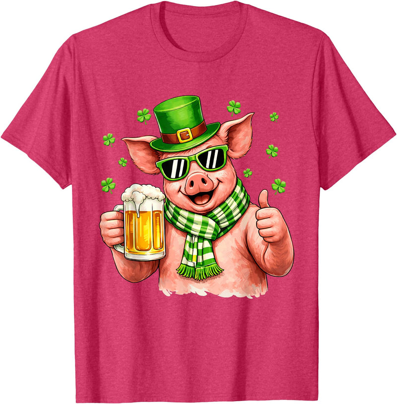 Amt Pig & Drinking Beer Lovers Saint Patrick's Day Funny Pig Drinking Beer Leprechaun Shamrocks St Patricks Day T-Shirt - Red Heather