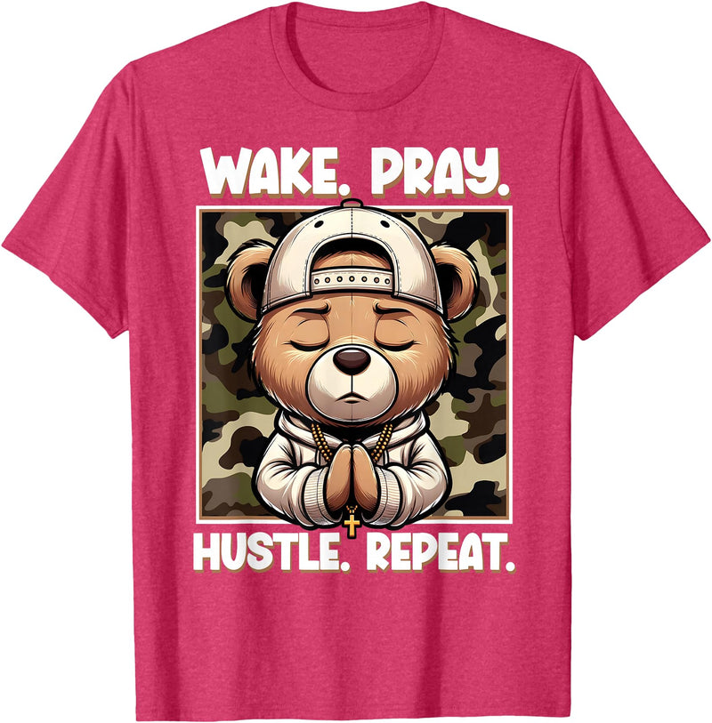 Camouflage Hip Hop Teddy Bear Hustle Grind Designs Wake Pray Hustle Repeat Hip Hop Teddy Bear Boys Teens Camo T-Shirt - Red Heather
