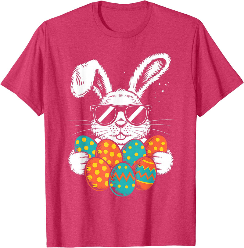 Bunny Face with Sunglasses Eggs Cool Rabbit Boys T-Shirt in Red Heather