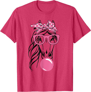 Funny Horses Lover Ladies Cute Horse Bandana Headband Glasses T-Shirt - Red Heather