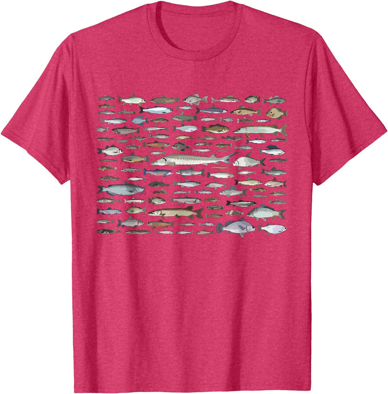 100 Types Of Fish Species Tee 100 Types of Freshwater Fish Species Fishing T-Shirt - Red Heather