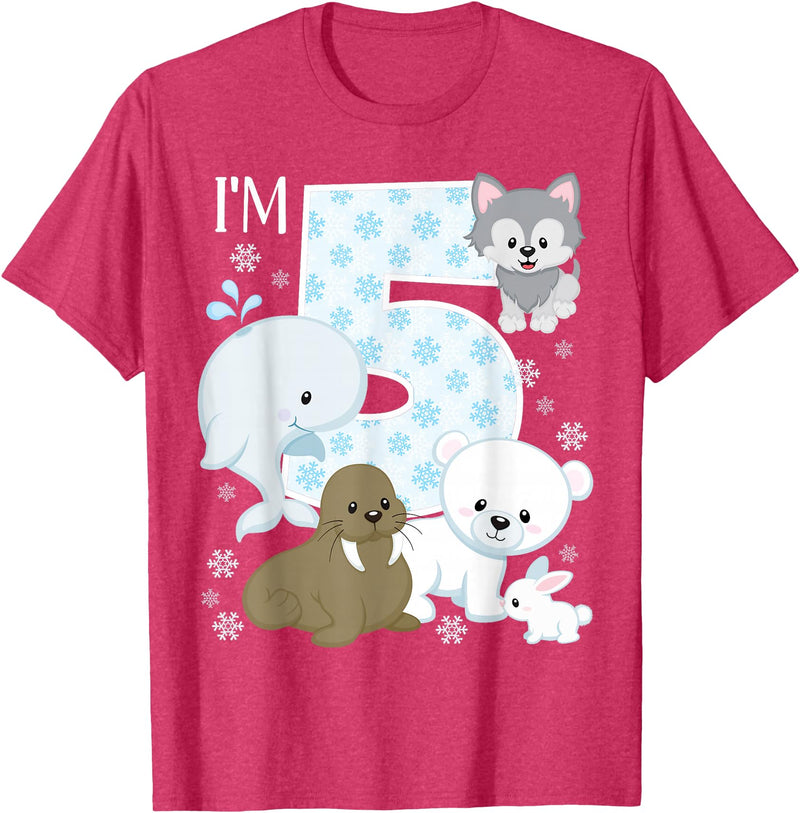 Arctic Animals Birthday Party Family Matching Bday Arctic Animals 5th Birthday Polar Bear Walrus Fox Sea Theme T-Shirt - Red Heather