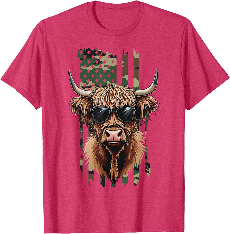 Highland Cow by AKH Highland Cow Camo American Flag, Patriotic Highland Cow T-Shirt - Red Heather