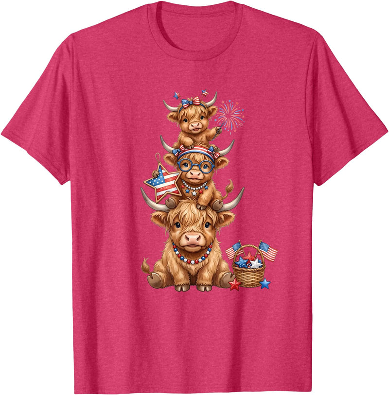 Funny 4th Of July Highland Cow Apparel Cute Highland Cow 4th of July Patriotic American Flag T-Shirt - Red Heather