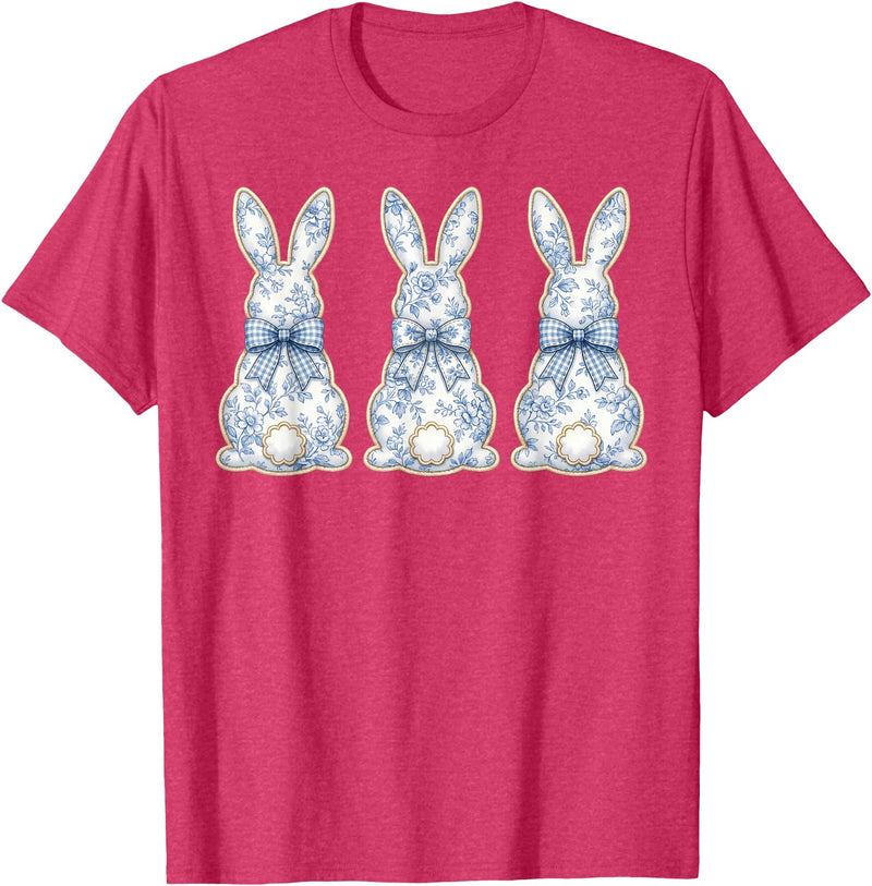 Blue Floral Easter Bunnies Chinoiserie Rabbit Bow T-Shirt in Red Heather
