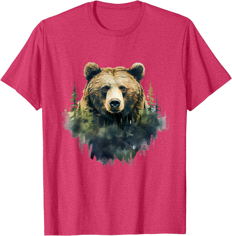 Bear Forest Animal Art Portrait Forest Artwork Wildlife T-Shirt - Red Heather
