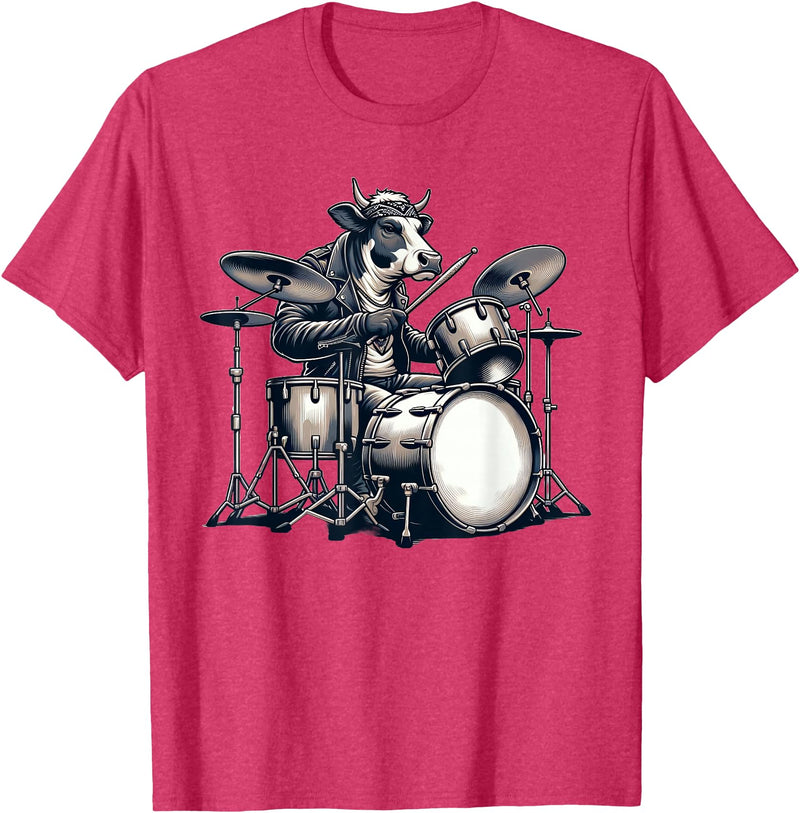 Cute Cow Playing Drums Cow Lover Apparel Cute Cow Playing Drums Cows Drummer Music T-Shirt - Red Heather