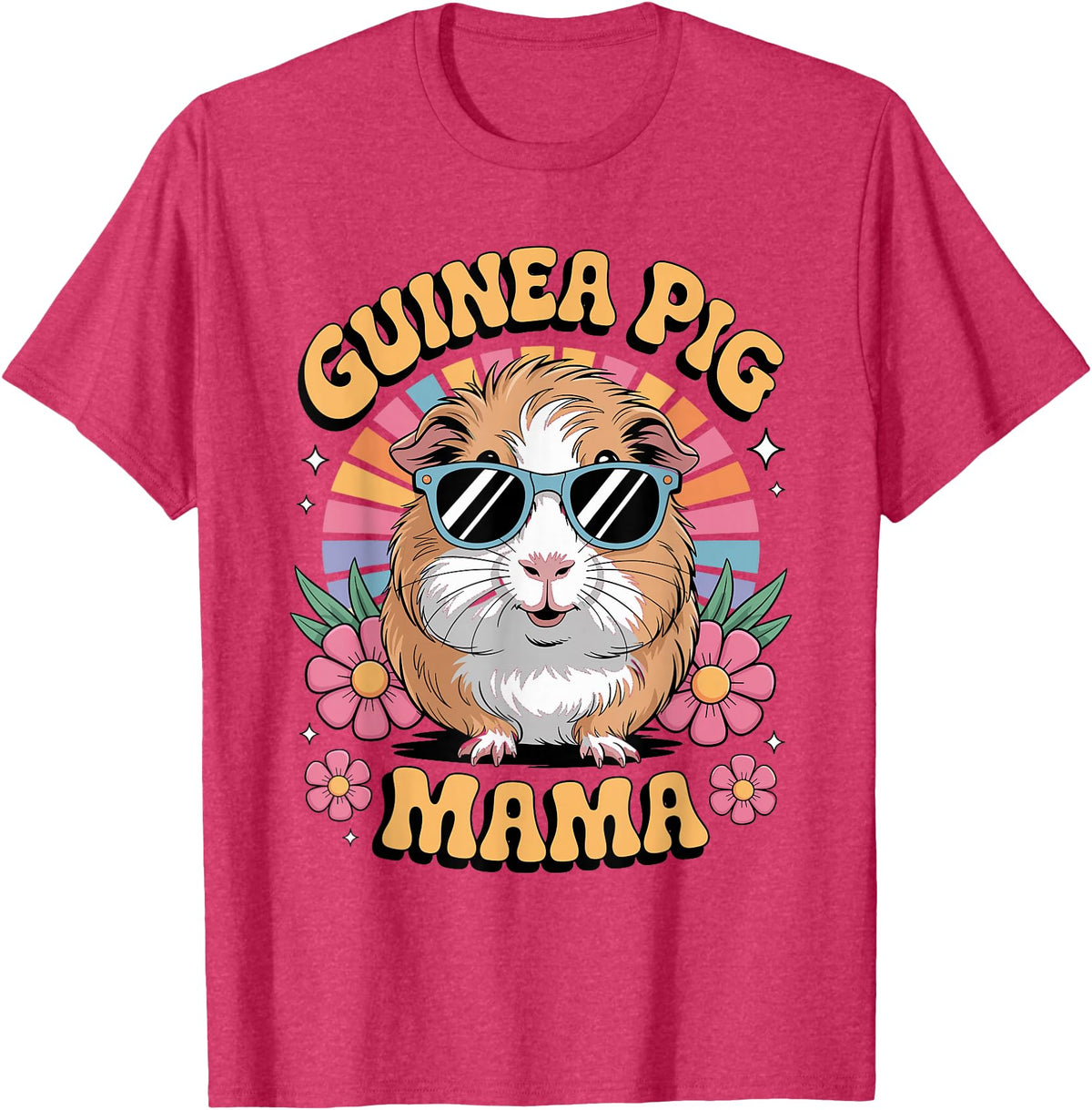 Guinea Pig Rodents Lover Mom Mother'S Day Guinea Pig Mama Floral Vintage 60s 70s Sunglasses T-Shirt - Red Heather