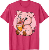 Funny Cute Pig Ice Cream Kawaii Design Pig Eating Ice Cream Graphic Boys Girls Pig Lover T-Shirt - Red Heather