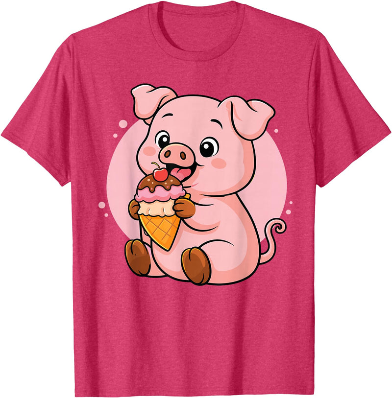 Funny Cute Pig Ice Cream Kawaii Design Pig Eating Ice Cream Graphic Boys Girls Pig Lover T-Shirt - Red Heather