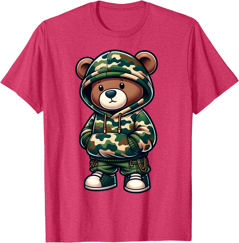 Camo Teddy Bear Hip Hop Designs for Men & Boys Camo Hip Hop Teddy Bear Camouflage Gangsta Streetwear Hustle T-Shirt - Red Heather