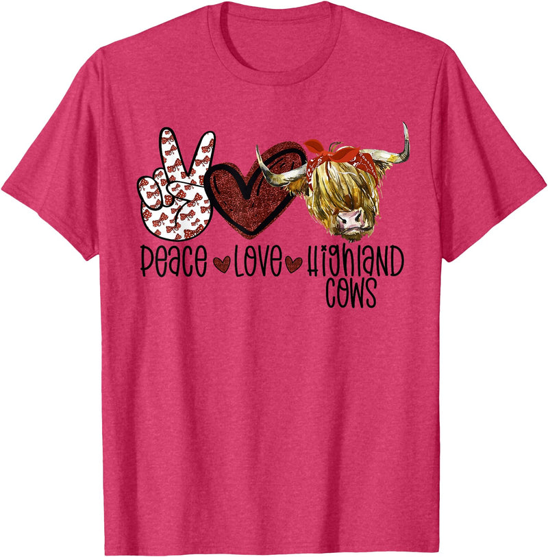 Funny Peace Love Designs Highland Beef Cow Farmers Peace Love Highland Cows T-Shirt - Red Heather