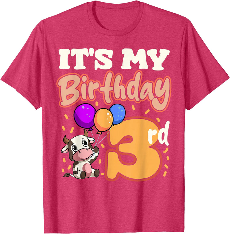 Cow Birthday 3 Party Farmyard Apparel Cow 3rd Birthday Party Balloons Moo Farm Animal Vet Barn T-Shirt - Red Heather