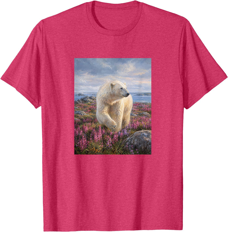 Dee Claire Art & Designs Polar Bear Summer Wildflower Meadow Nature Artwork T-Shirt - Red Heather