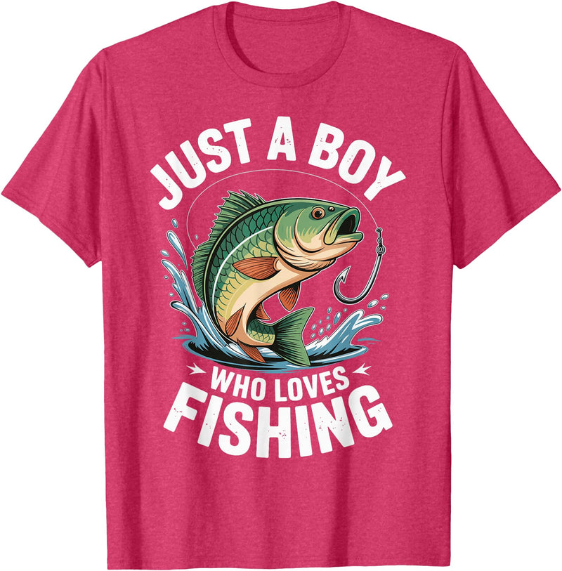 Boy Fishing Fisher Angler Kid Just A Boy Who Loves Fishing T-Shirt - Red Heather