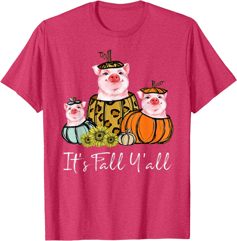 Fall Y'all Pig Thanksgiving Leopard Pumpkin It's Fall Y'all Pig Animal Leopard Pumpkin Falling Autumn T-Shirt - Red Heather