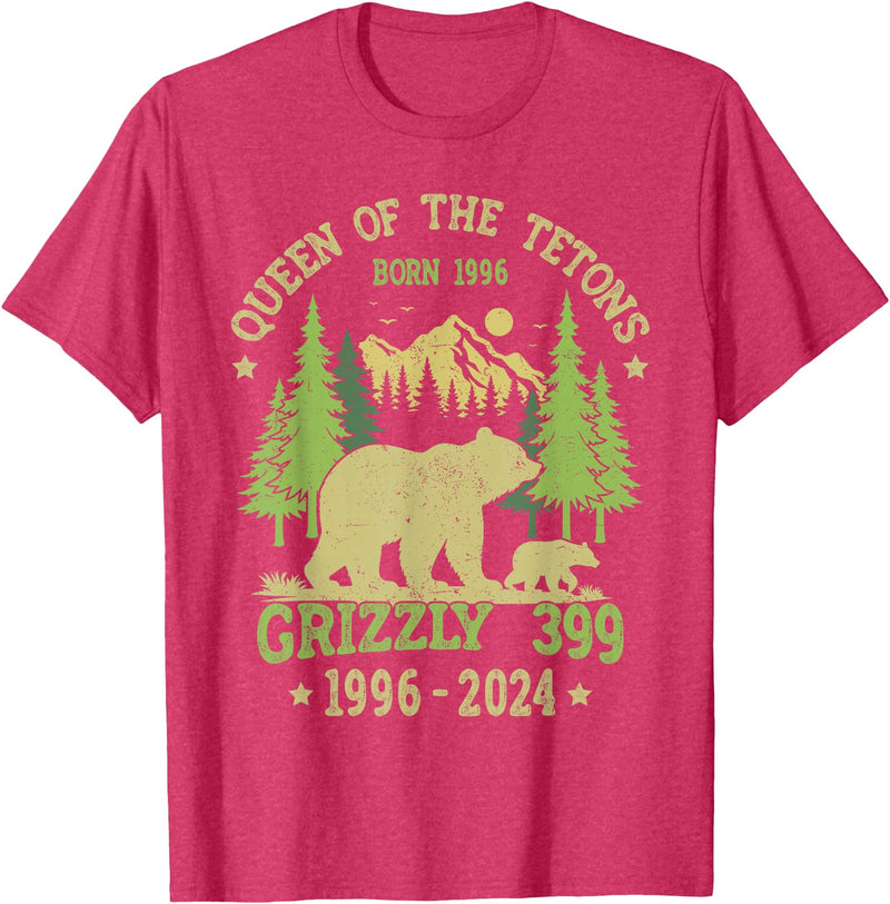 Vintage National Park Outfits Bear Lovers Apparel. Queen Of The Tetons Grizzly 399 National Park 1996-2024 T-Shirt - Red Heather