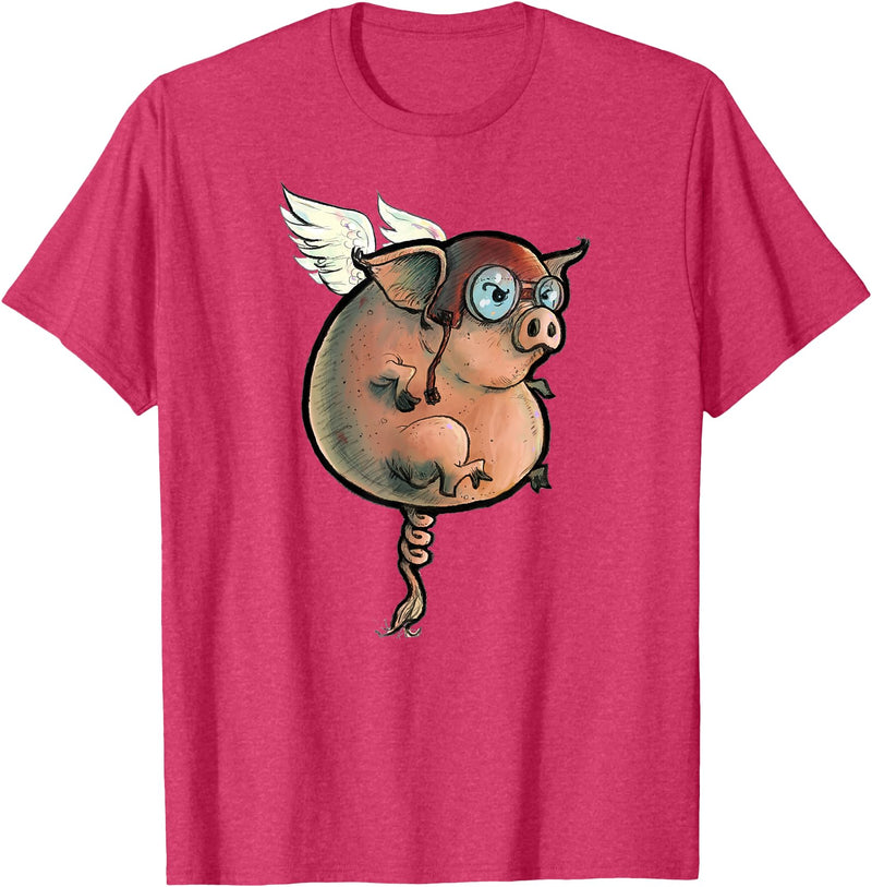 Logic Streetwear Flying Pig Funny Hand Drawn and Painted Art T-Shirt - Red Heather