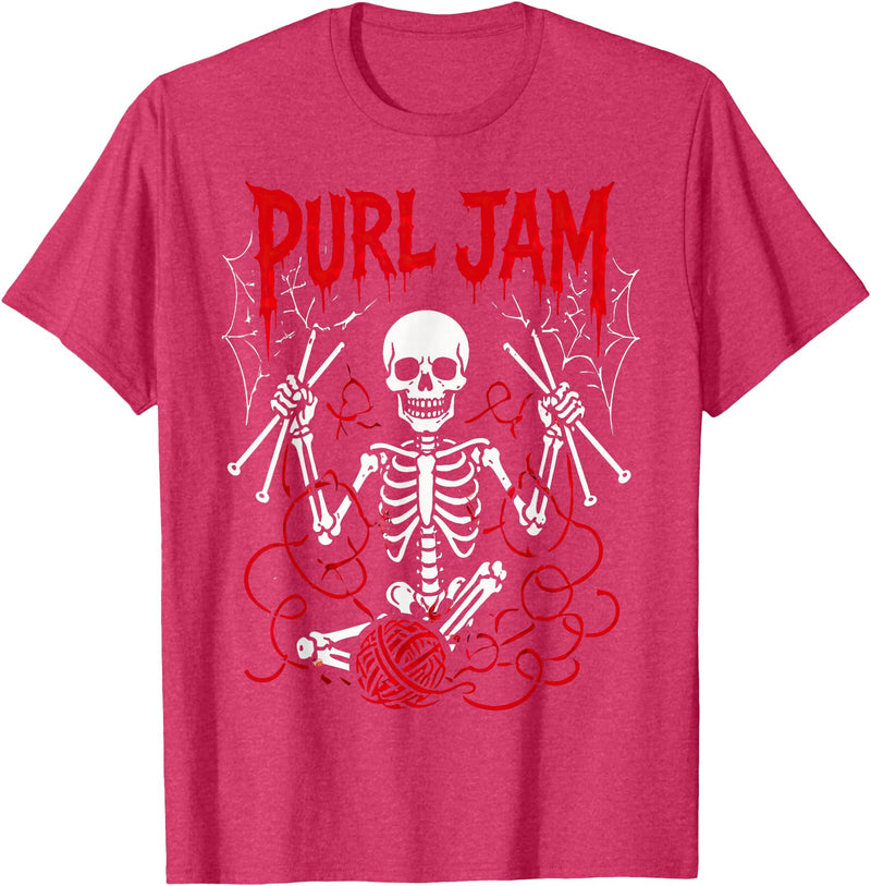 Bone Knitting Co. Purl Jam Skeleton Knitting Craft Lover Funny Design T-Shirt - Red Heather