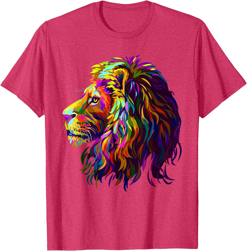 Lion Artistic For Men Women Kids Colorful Lion Head Design Pop Art Style T-Shirt - Red Heather