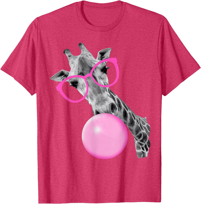 Pink Glasses and Bubblegum Animals Cool Giraffe Blowing Bubble with Pink Glasses – Funny Animal T-Shirt - Red Heather