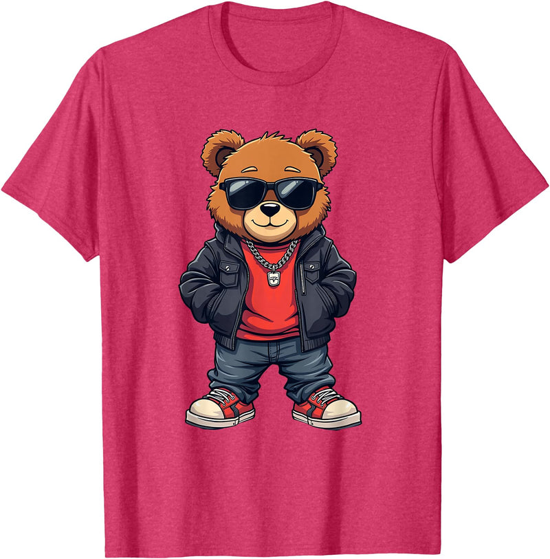 GRAKIMO Cool Teddy Bear Graphic Men Women Boy Girl Kids T-Shirt - Red Heather