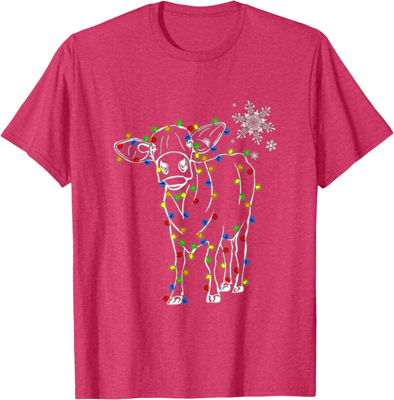 Cow Christmas Light Tree Cow Xmas Snow Lover T-Shirt - Red Heather