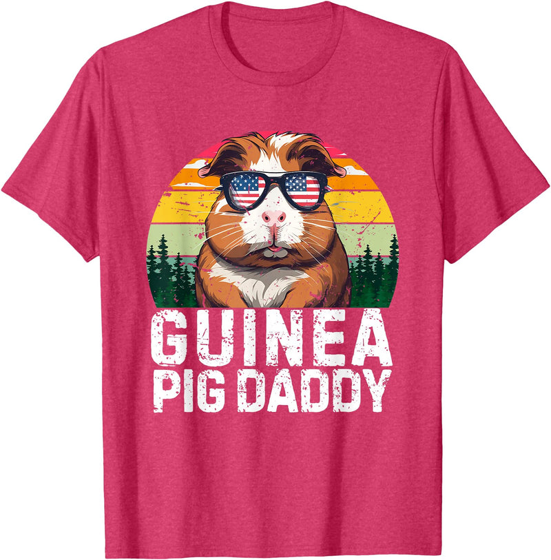 Retro 4th Of July Dad Father's Day Gifts Guinea Pig Daddy USA Flag Father's Day 4th Of July Retro T-Shirt - Red Heather