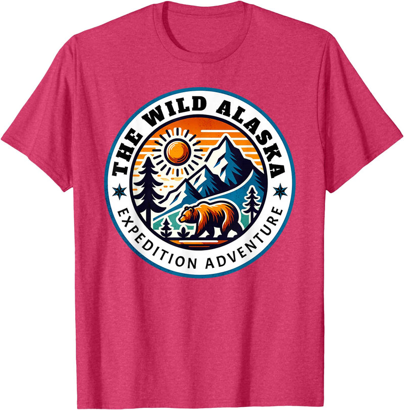 Hiking Glacier Bear and Alaska Frontier Apparel Glacier Mountain Landscape and Alaskan Bear Wildlife T-Shirt - Red Heather