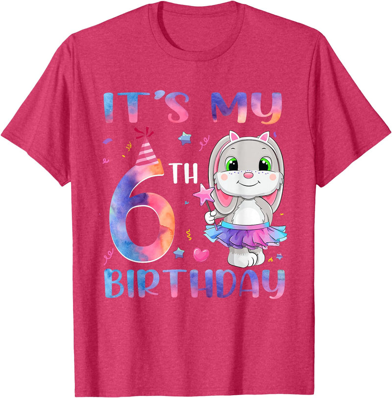 It's My 6th Birthday Bunny Rabbit 6 Years Old Boy Girl T-Shirt in Red Heather