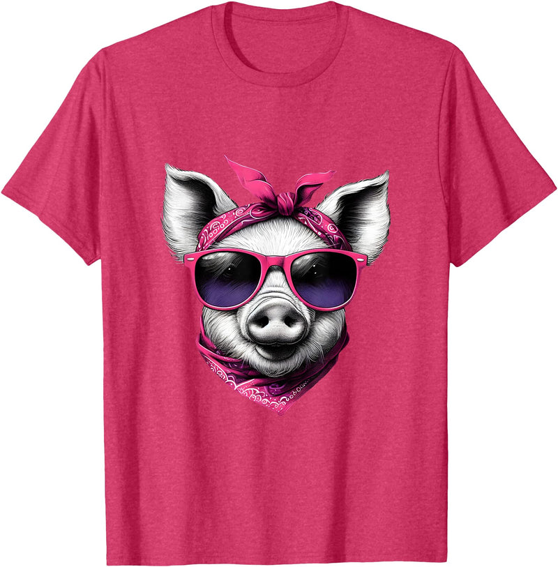 Fashionable Animals Wearing Pink Bandanas Pig Wearing A Pink Bandana Headband And Sunglasses T-Shirt - Red Heather
